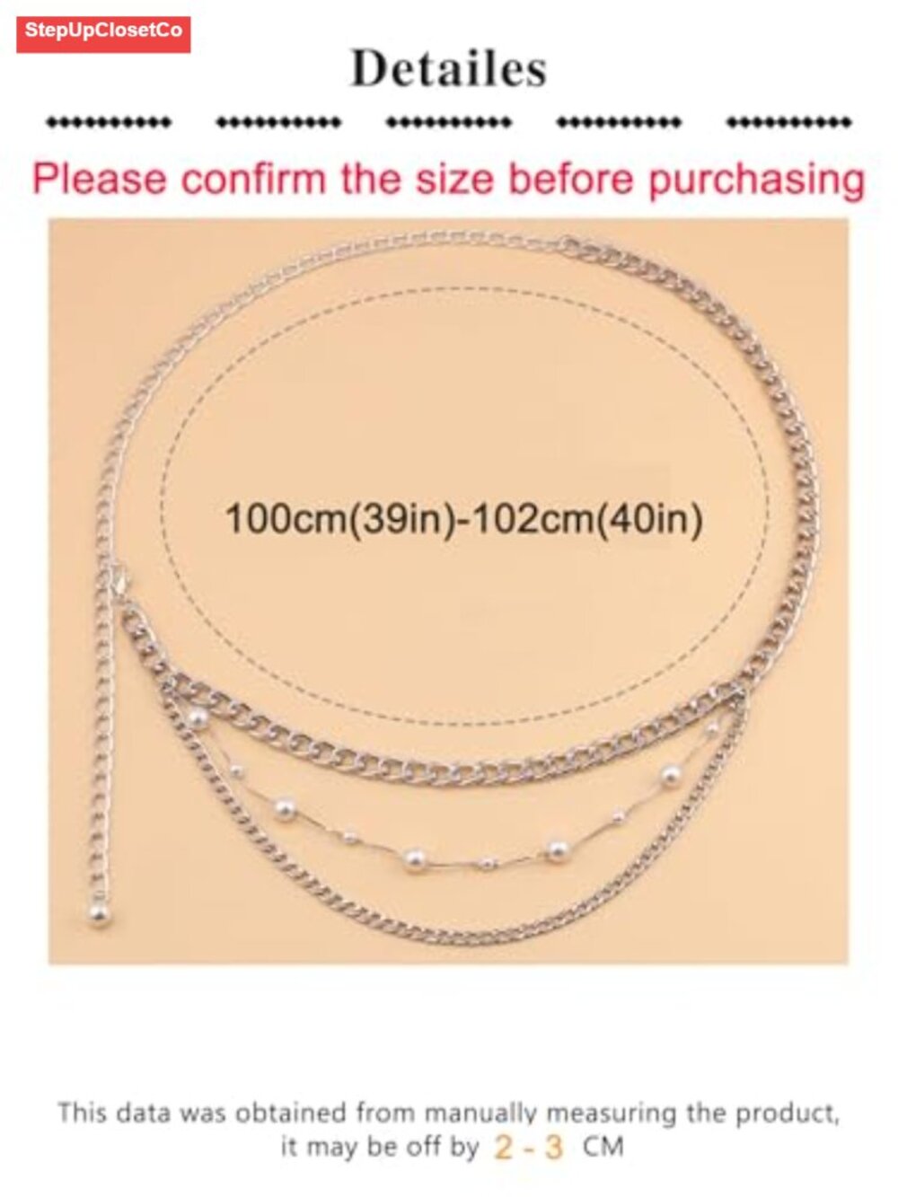 Women Body Chain Belt with Pearl, Silver Alloy Waist Chain, Plus Size Layered - Picture 2 of 6